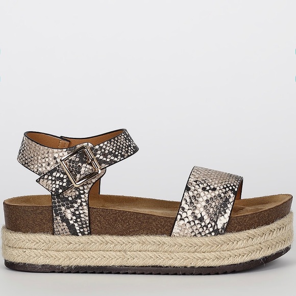 Beige Brown Snake One Band Wedge Sandals - Picture 2 of 6